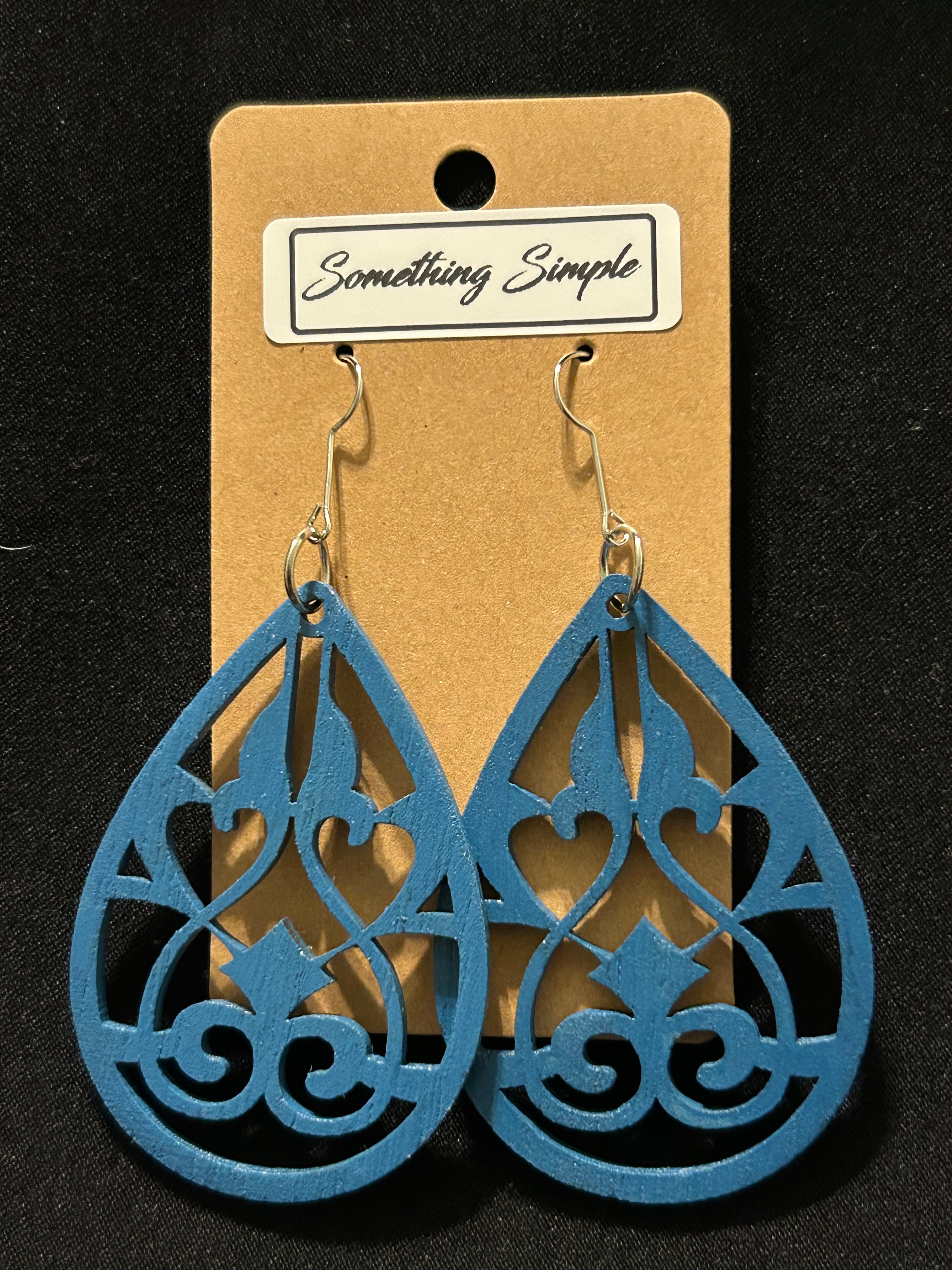Blue Wood Teardrop Cutout Earrings