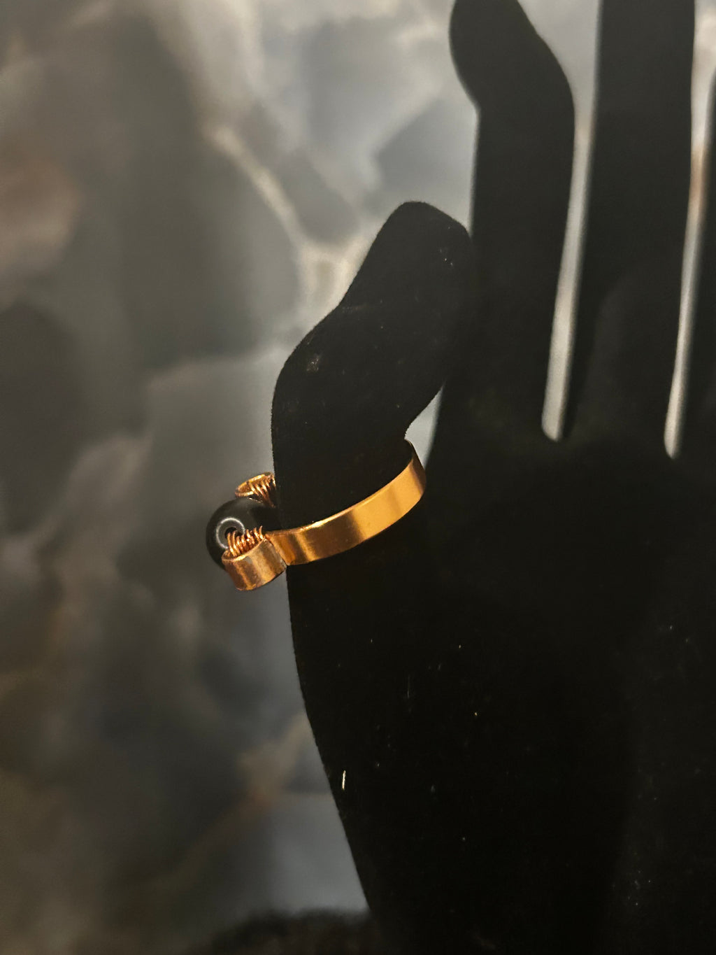 Obsidian Shield Ring – Gold Wire Wrap Design